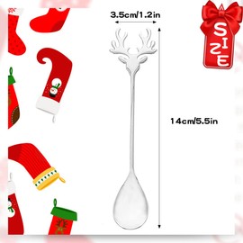 FUKPO Creative Dessert Spoon Set, Stainless Steel Elk Mixing Spoon, Coffee Tea Soup, Dessert Spoon, Christmas, Christmas Tea Spoon, Christmas Mixing Spoon, Sugar, Ice Cream Spoon, Silver, Set of 6