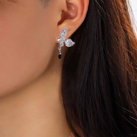 Aneneiceera Boho Butterfly Stud Earrings Onyx Drop Earrings Silver Butterfly CZ Earrings Tiny Black Gemstone Dangle Earrings Jewellery for Women and Girls, Metal