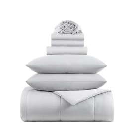 7-Piece Casual Bed in a Bag Cool Grey Comforter Set King Size | Modern Plush Microfiber Material Solid Color Pattern Full Luxury Bedding Sets | Ultra Soft Cozy Lightweight Versatile Smooth Comfy