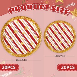 Whaline 40Pcs Christmas Tableware Set Red Candy Stripe Gold Snowflake Paper Plates 7 & 9 Inch Xmas Disposable Plates for Holiday Birthday Party Table Supplies