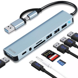 HeiLuon Hub USB C 8 en 1,USB 3.0 con Jack 3.5mm, Adaptador de Puertos USB Múltiple para Laptop, 4 Puertos USB, 1 Puerto USB-C, Lector de Tarjetas TF & SD, Compatible con MacBook, ProPad y Tablets