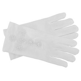 White First Communion Gloves | Elegant Formal Gloves for Girls | Lace Cross Applique with Pearl-Style Beads | Soft Stretchy Fabric - Nylon and Spandex | Available in Three Sizes (0-3 Y)