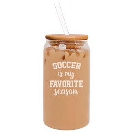 16oz Can Shaped Glass Iced Coffee Cup with Bamboo Lid and Straw Gift Soccer Is My Favorite Season Soccer Mom