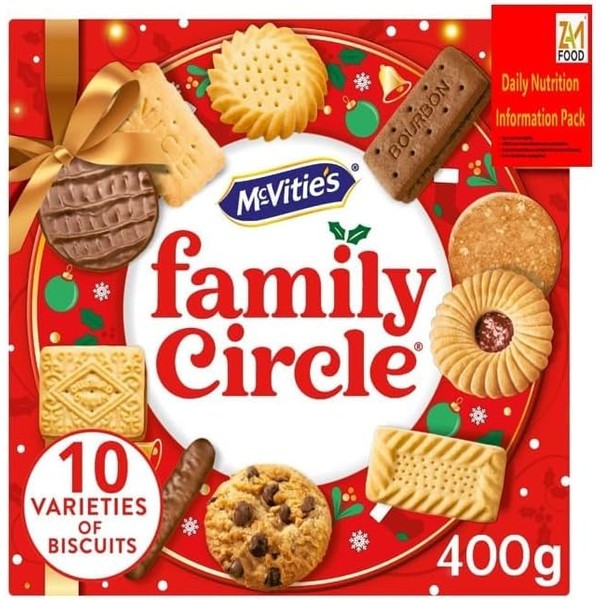 McVitie's Family Circle 10 premium varities Assortment of Creams, Chocolate, Jam and other Sweet Biscuits 400g single pack Bulk cookies Perfect for Gifting, Mum, & Dad by zamfoods nutrition info book