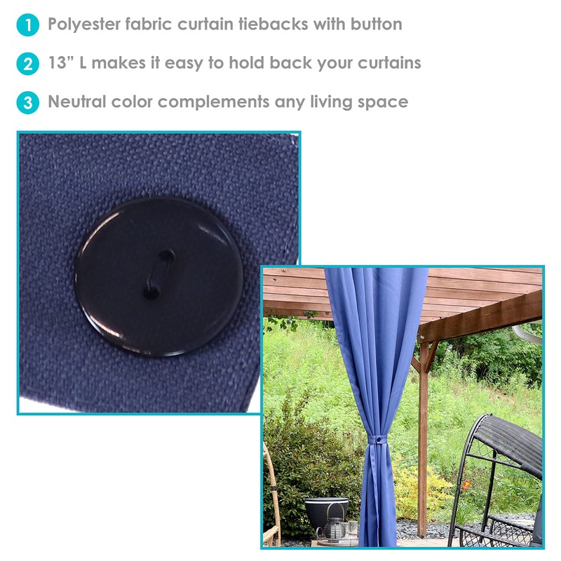 Sunnydaze 13-Inch Outdoor Curtain Tiebacks with Buttons - Spun Polyester