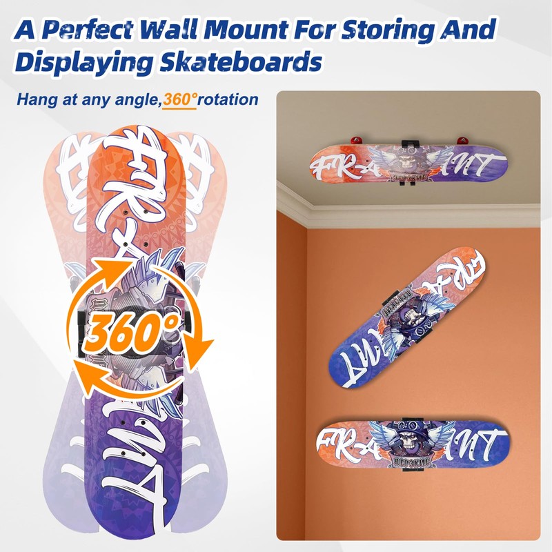 YIBEICO Skateboard Decks Wall Mount 360° Rotating Skateboard Wall Hanger,