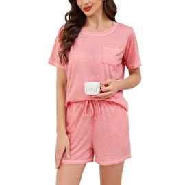 Wikoan Women's Pyjamas, Soft Cotton Pyjamas, Short Two-Piece Crew Neck Pyjamas, Short Sleeve with Shorts, Sleepwear Women's Summer with Pockets, S-XXL, pink, M
