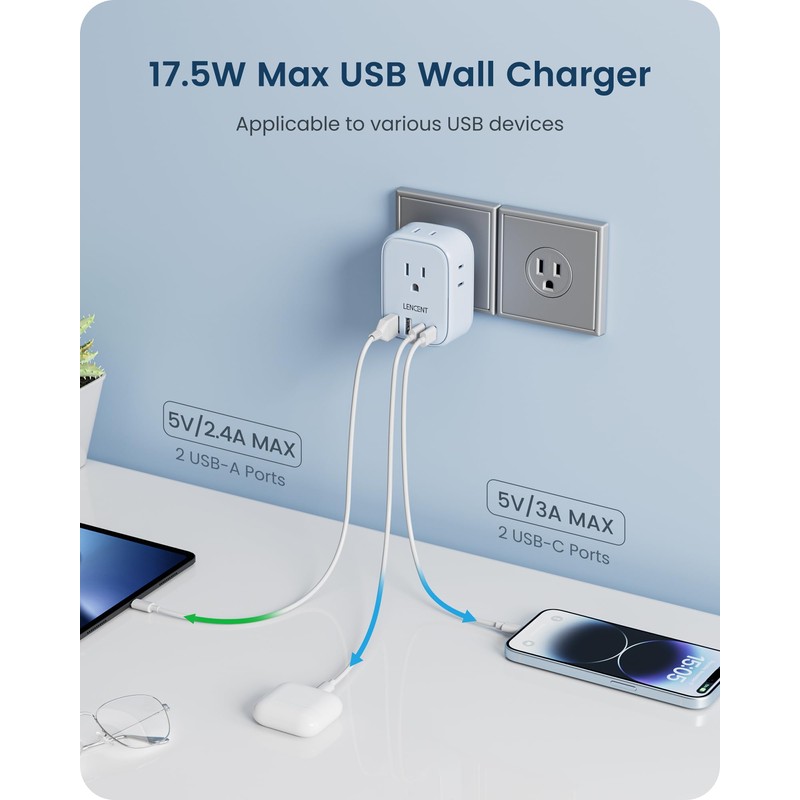 LENCENT Multi Plug Outlet Extender with USB C, 4 AC