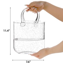 Noamus Purse Vase for Flowers, Unique Clear Glass Bag Vase with Handle, Handbag Shape Flower Vase Fish Bowl, Wide Mouth Bubble Vase for Wedding Birthday Centerpieces, Home Garden Decor(Transparent)