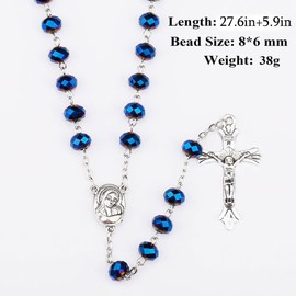 swqfzki Blue Crystal Beads Rosary Catholic Necklace for Women First Communion Prayer Jerusalem Holy Soil Mary Medal Cross Crucifix for Girl Women Necklace