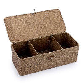 Hipiwe Storage Basket with Lid 3 Compartment Toilet Tank Toilet Paper Basket Holder Handwoven Wicker Basket Home Organizer Bin for Shelves Bathroom Closets Kitchen, Coffee