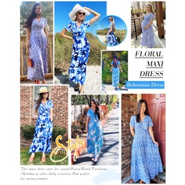 AUSELILY Maxi Dresses for Women Ankle Length Floral Print Beach Long Flowy Dress with Pockets(XL,Black Red Flower)