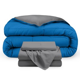 Bare Home Reversible Bed-in-A-Bag Comforter & Sheet Set - Twin Extra Long - Down Alternative - Soft - Bedding Set (Twin XL, Medium Blue/Grey, Grey)