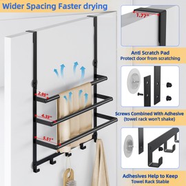 Over The Door Towel Rack, Over Door Towel Racks for Bathroom Door with 5 Hooks, 3 Tier Towel Storage Hanger Holder for Bathroom Accessories, 16 Inch Towel Bar for Hanging Towels, Matte Black