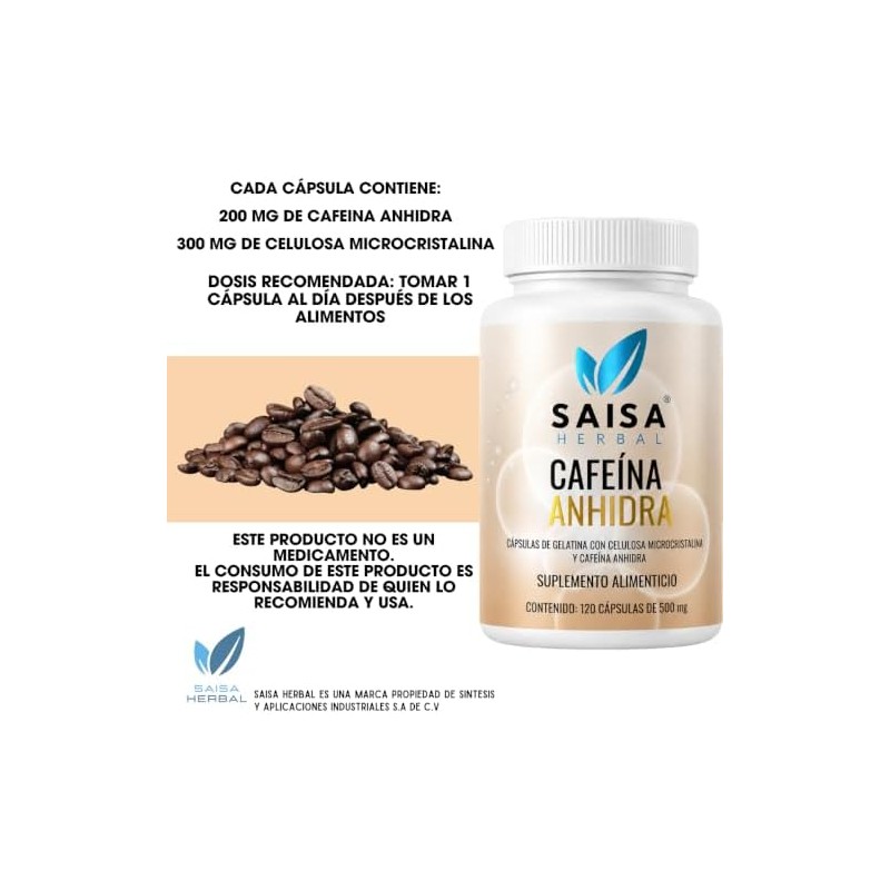 Cafeína Anhidra 200 mg Con 120 Cápsulas Saisa Herbal