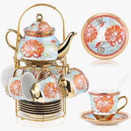 Zhehao 20 Pcs Porcelain Tea Set with Metal Holder Adult Ceramic Tea Party Set European Flower Tea Cup Saucer Set for Adult Women with Flower Painting, Large Version(Retro Style)
