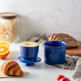 Husfunov Butter Crock with Water Line for Countertop, French Butter Dish with Lid, Ceramic Butter Keeper for Fresh Spreadable Butter, Butter Container Holder for Kitchen and Home Decor, Dark Blue