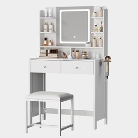 ELUREVIA White Vanity with Lighted Mirror, 8 Shelves, 2 Drawers, Charging Station, Hair Dryer Holder & Stool, LED Mirror with 3 Light Modes