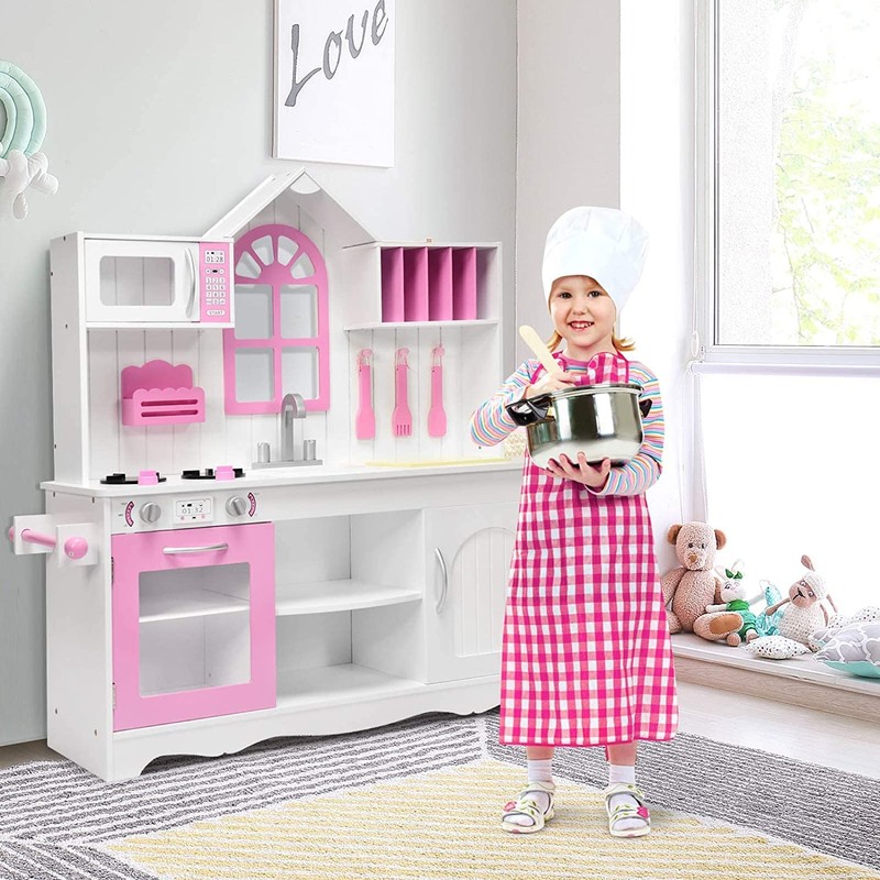 HONEY JOY Pink Kids Kitchen Playset, 43 Inch Rooftop Wooden