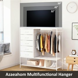 Azaeahom Dresser with Hanging Rack, White Dresser for Bedroom, Chests of Drawers for Closet, 5 Fabric Drawers Clothes Rack, with Sturdy Metal Frame, LED Lights, Charging Station