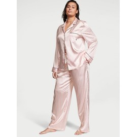 Victoria's Secret Satin Pajama Set, Long Sleeve Button Down & Pant Set, Sleepwear for Women, Pink Iconic Stripe (XL)