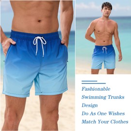 Vorvowry Men's Waterproof Quick-Drying Swimming Trunks, Comfortable Adjustable Drawstring Swimming Trunks, Fashion Swimwear for Men with Zip Pocket, Colour gradient blue