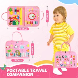 QINGBAO Montessori Busy Board Toys, Sensory Board for Toddlers 1-3, Travel Felt Busy Book for Airplane Car, Activity Busy Mat for Learning Fine Motor Skills Suits Boys Girls Birthday Gifts (Pink)