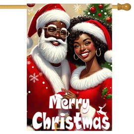 BlissYard African American Santa Christmas House Flag 28 x 40 Inch Double Sided Holiday Garden Flag with Couple Design for Winter Yard Porch Outdoor Decor