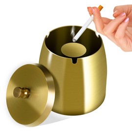 Litimkat Outdoor Ashtray, Ashtray with Lid, Stainless Steel Non-Slip Base, Suitable for Home, Office, Desk, Patio, Outdoor Balcony (Gold)
