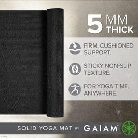 Gaiam Yoga Mat Premium Solid Color Non Slip Exercise & Fitness Mat for All Types of Yoga, Pilates & Floor Workouts, Black, 5mm , 68"L x 24"W x 5mm