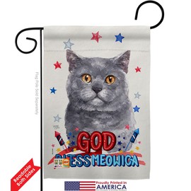 Patriotic Blue British Short Hair Garden Flag Set with Stand Animals Cat Kitten Meow Spoiled Paw Fur Pet Nature Farm Animal Creature Small Gift Yard House Banner Double-Sided Made In USA 13 X 18.5