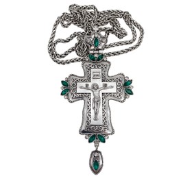 Nazareth Store Silver Plated Pectoral Cross Multi Zircons Crystallized Elements Christian Priest Bishop Large Crucifix Pendant with Necklace 24" (Pectoral Cross Antique Silver Green Stones)