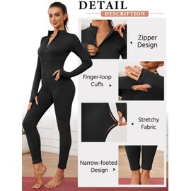 Nadeer Womens Ribbed Jumpsuit Long Sleeve Yoga Romper One Piece Bodycon Zip Up Unitard Romper Workout Sports Bodysuit All In One Jumpsuit Playsuit Outfits
