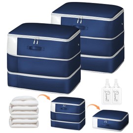 Easortm Comforter Storage Bag - Large Capacity Blanket Storage Bags 3-Layer Ultra Space Saving Self Compression Organizer, Washable Compression Bags for Storage Comforter Blanket, 2-Pack, Navy Blue