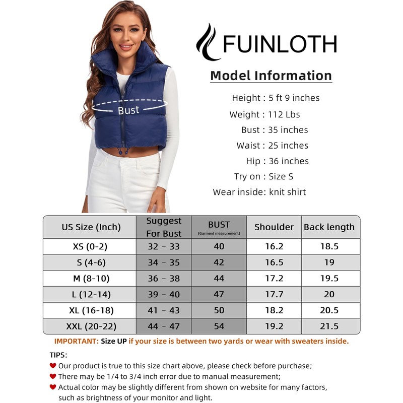 Fuinloth - Chaleco acolchado para mujer, cuello alto, ligero, con