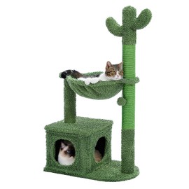 MUTTROS MUTTROS Cactus Cat Tree 40" Cat Tower with Large Metal Carpet Hammock, Cat Scratching Post for Indoor Cats with Condo& Replaceable Toy Ball, Green