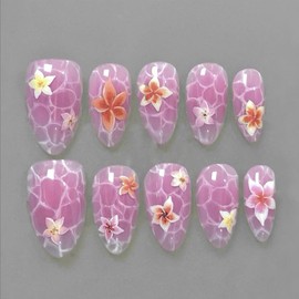 Foccna Press on Nails Almond Medium Pearl White Fake Nails French Glossy 3D Flower False Nail Tips Artificial Nails Finger Manicure for Women 24 pcs