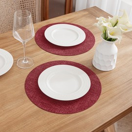Romanstile Round Placemats Set of 6, Reversible Faux Leather Table Place Mats 100% Waterproof Oil-Proof Non-Slip Wipeable Double-Sided Vinyl Table Mats for Kitchen/Dining/Party, Red