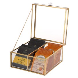 ELLDOO Gold Glass Tea Bags Box with Lid, Trinket Jewelry Box Countertop Storage for Sugar Packets Makeup Sponges Jewelry, 4 Grids, Glass Box Only