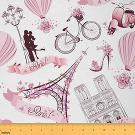 Feelyou Eiffel Tower Upholstery Fabric by The Yard, Romantic French Paris Decorative Fabric for Upholstery and Home DIY Projects, Valentines Day Floral Waterproof Outdoor Fabric, 2 Yards, Pink Rose