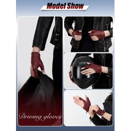FIORETTO Womens Fingerless Leather Gloves Unlined Leather Driving Gloves Dancing Performance Punk Half Finger Gloves Burgundy Small