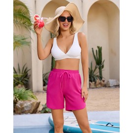 difficort Women's Swim Trunks 7 in Inseam Quick Dry Solid Summer Beach Shorts Swim Bottoms with Lining, Rose Red, X-Large