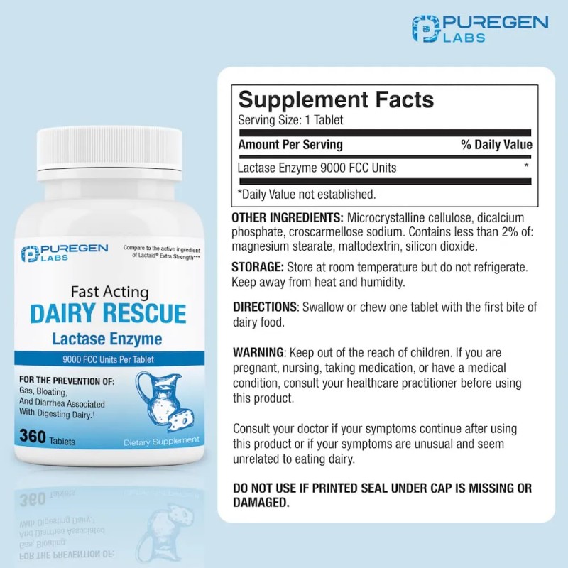 Puregen Labs Dairy Rescue Lactasa 9000 Fcc 360 Tabletas
