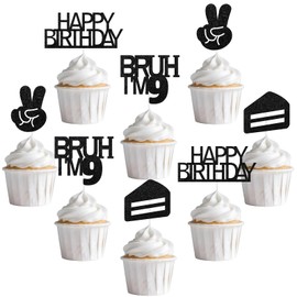 Sursurprise Bruh It's My 9th Birthday Decorations Black, 24Pcs Bruh I’m 9 Birthday Cupcake Toppers, Preteen and Teen Boy 9 Year Old Bday Party Supplies