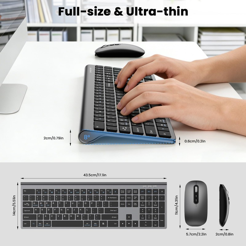 Rechargeable Wireless Bluetooth Keyboard and Mouse Combo, Full Size Silent