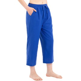 Bonnorth Pantalones cortos de algodón y lino con cordón y cintura elástica para mujer, holgados, pierna ancha y bolsillos, Azul Real, S
