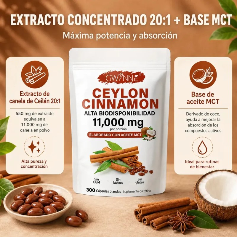 GWYNNE - Ceylon Cinnamon 300 Capsules 20:1 con Aceite MCT,alta