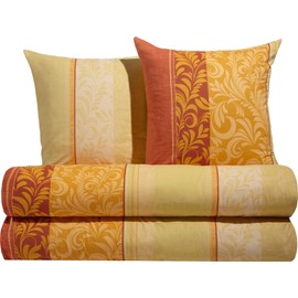 Erwin Müller Flannel Bed Linen Set with Elegant Tendrils Yellow/Orange Size 80 x 80 cm / 155 x 220 cm Temperature Regulating with Zip 100% Cotton