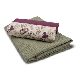 VmG-Store Waffle Pique + Cotton Fabric Set, Colour-Coordinated Waffle Fabric, 100% Cotton Fabric, Tex Standard 100 (Horses and Grasses Set77)