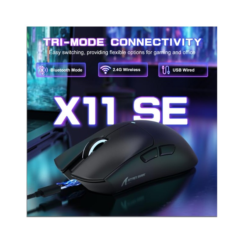 Attack Shark X11SE Ultra-Light Wireless Gaming Mouse, Tri-Mode-2.4G/USB-C Wired/BT, PixArt